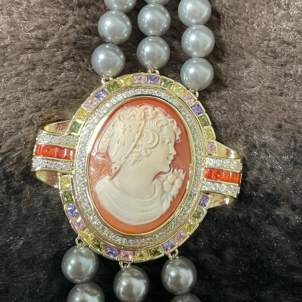 Amedeo Cameo Triple Strand Faux Pearl Necklace